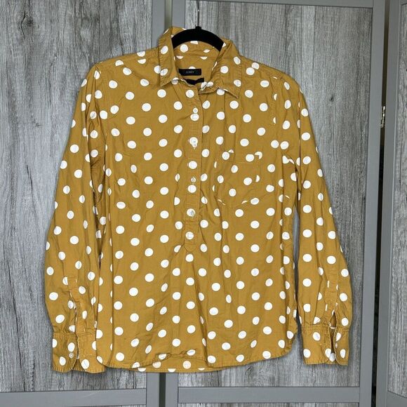 J. Crew Poplin Shirt Mustard Color White Polka Dots Long Sleeves - Picture 1 of 6